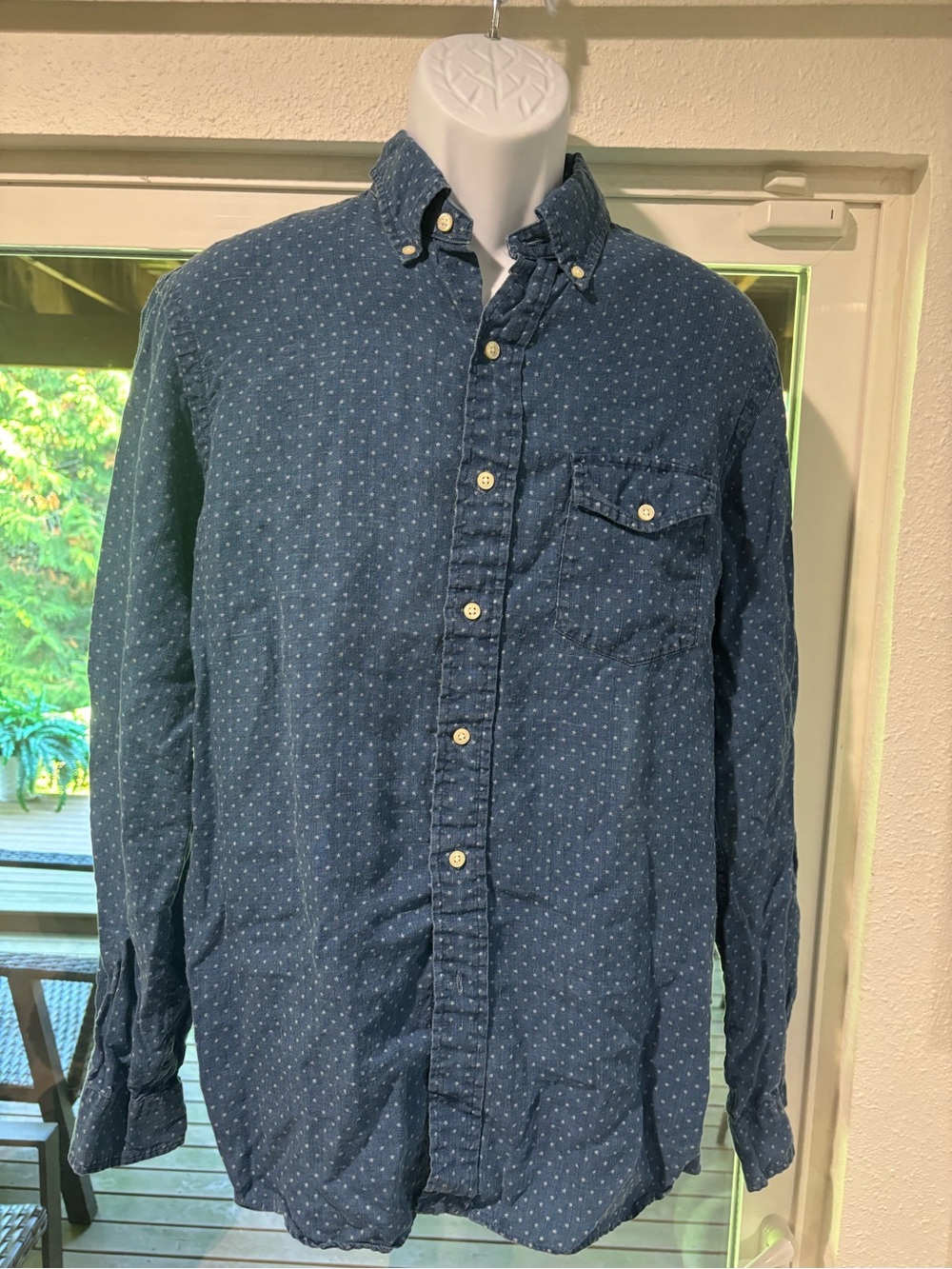 Polo Ralph Lauren Men's M Indigo Star Print 100% Linen Button Down Long Sleeve S